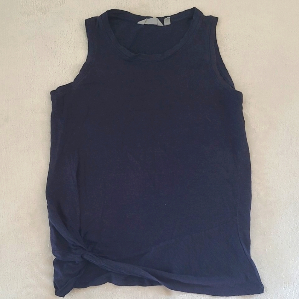 Athleta Navy Blue Linen Tank Top Small Scoop Neck Knot Hem Relaxed Fit Sporty
